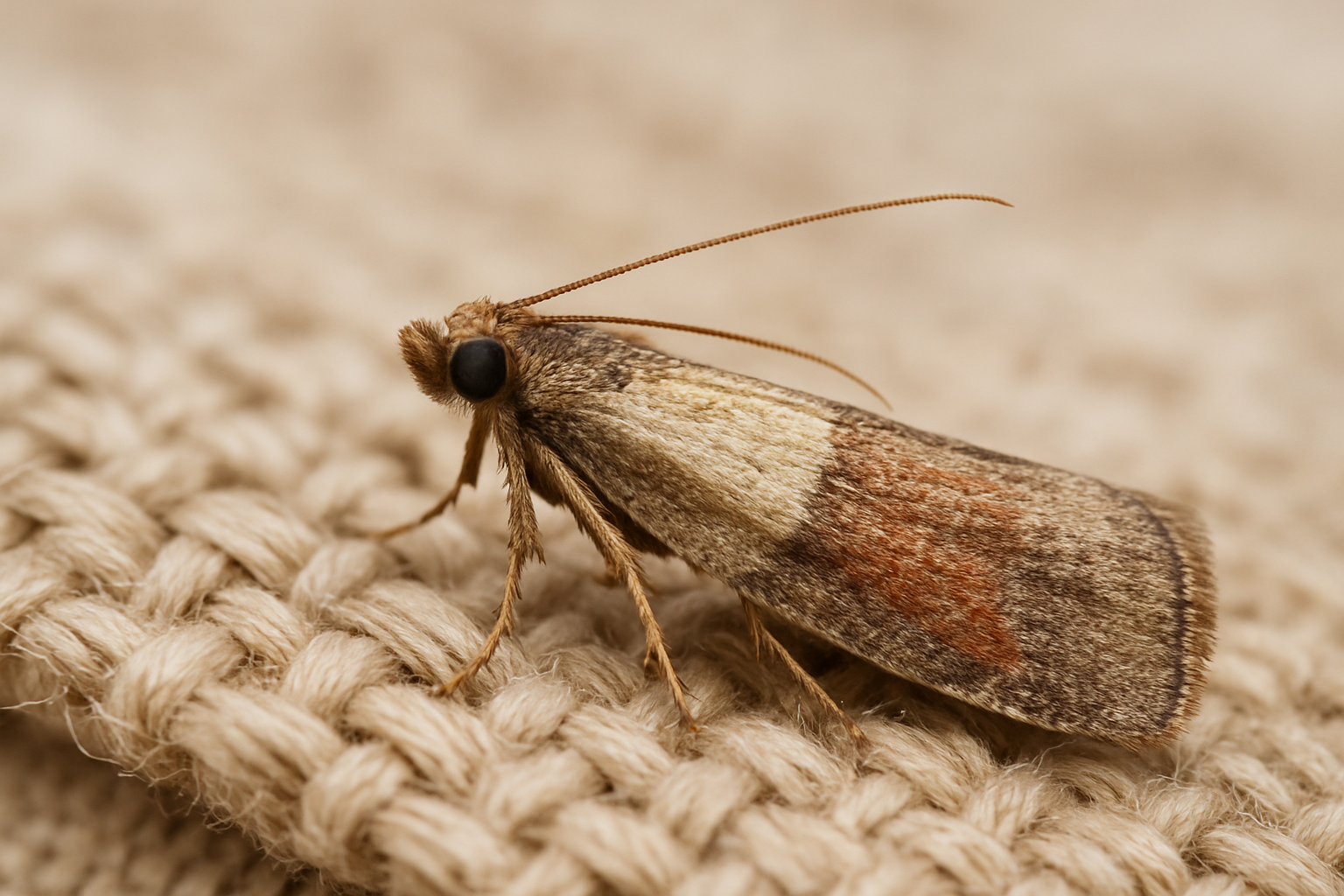Close‑up of pantry and carpet moths on household items
