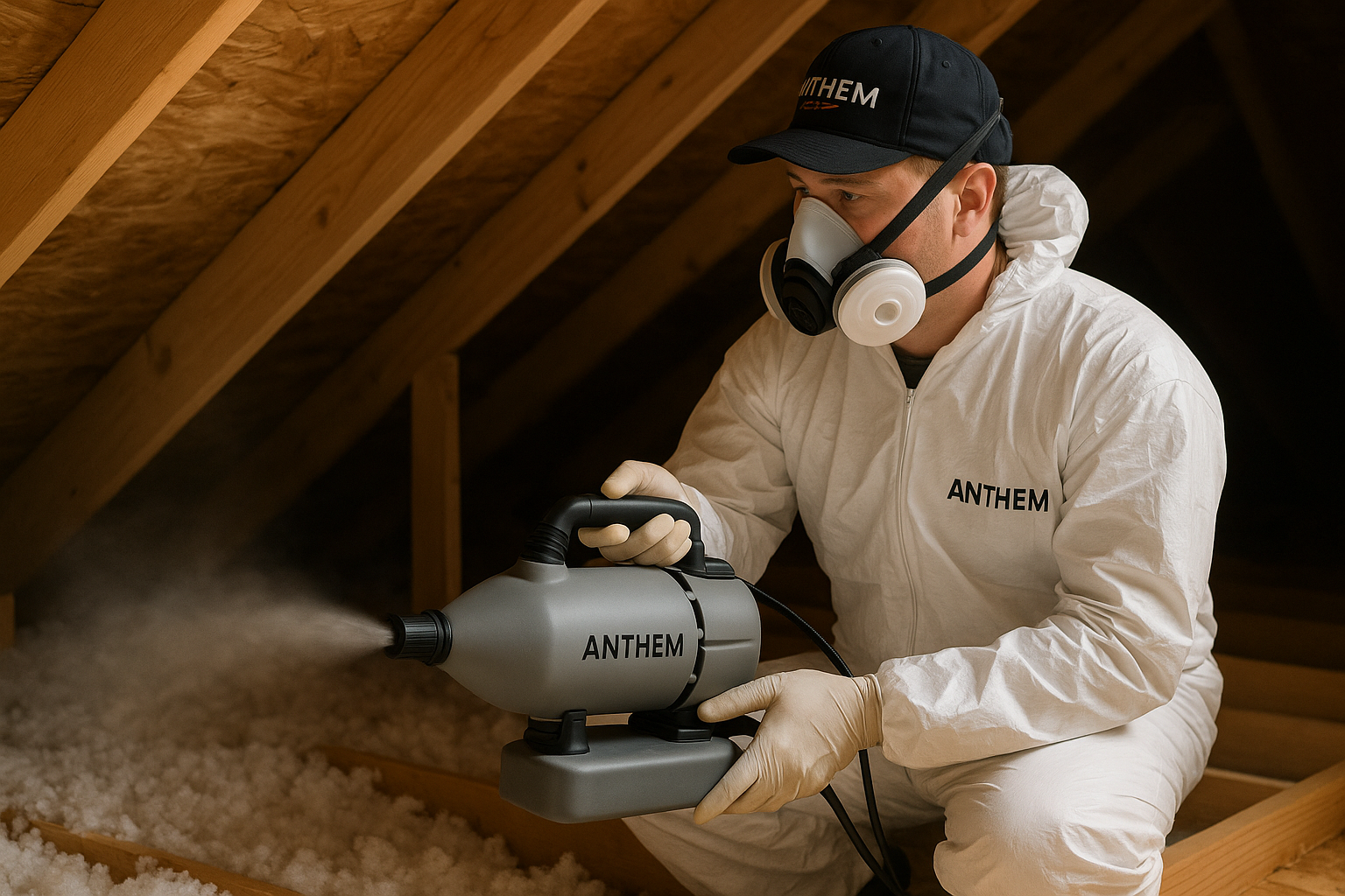 Technician applying discreet mist treatment in an attic