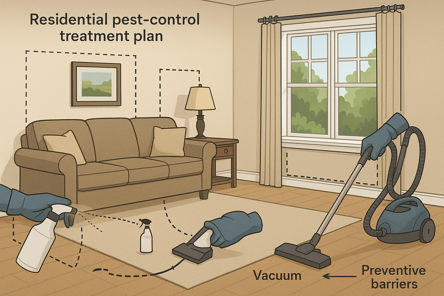 Illustration of carpet beetle infestation and treatment process