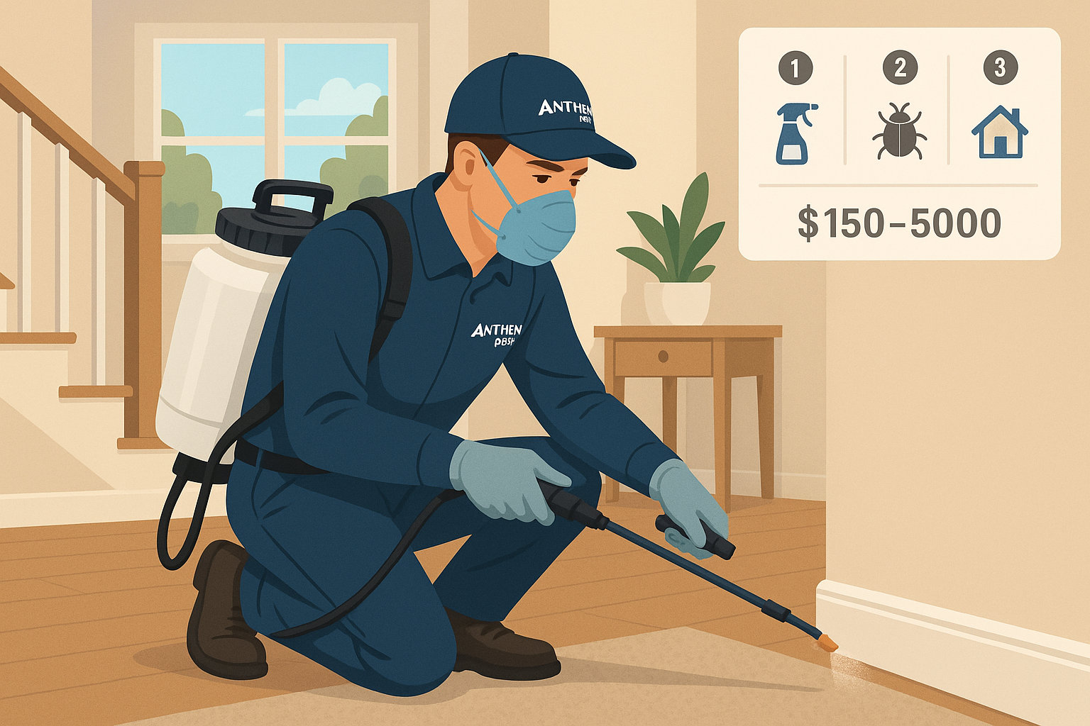 Professional pest technician applying treatment to a carpet