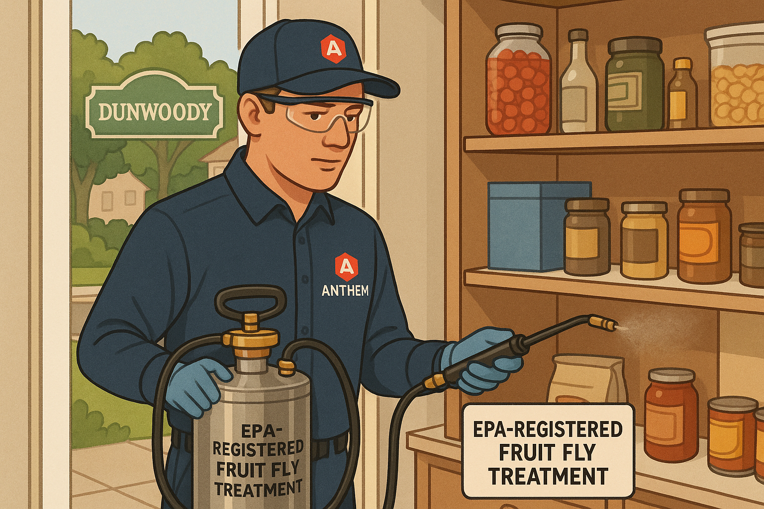 Professional pest technician applying a targeted spray in a kitchen
