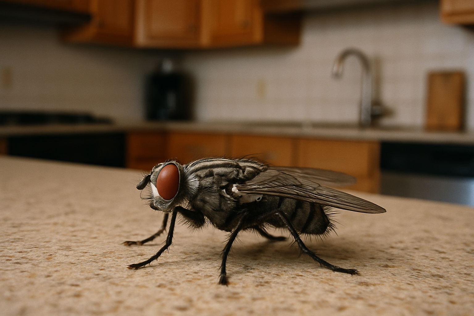 Close‑up of a house fly showing striped thorax, red eyes, and clear wing veins