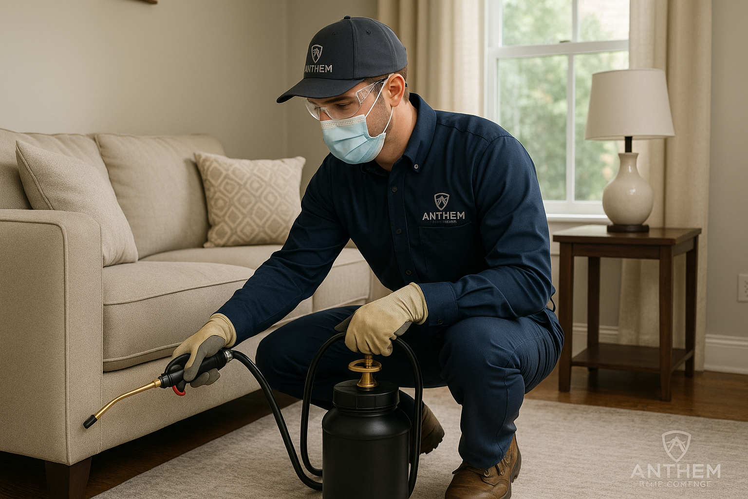 Anthem Pest technician applying interior spray in a Dunwoody home