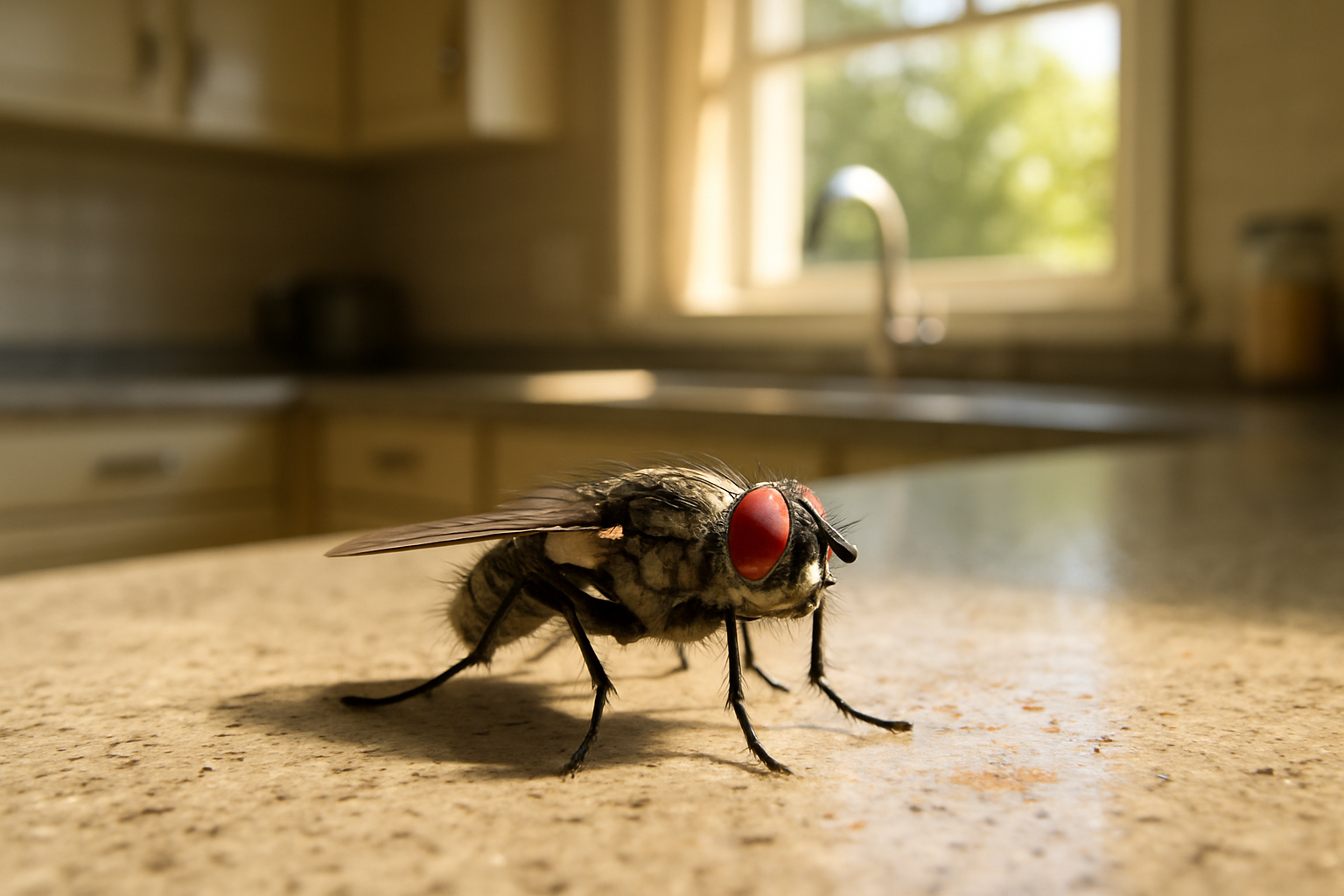 Close‑up of a house fly perched on a kitchen surface