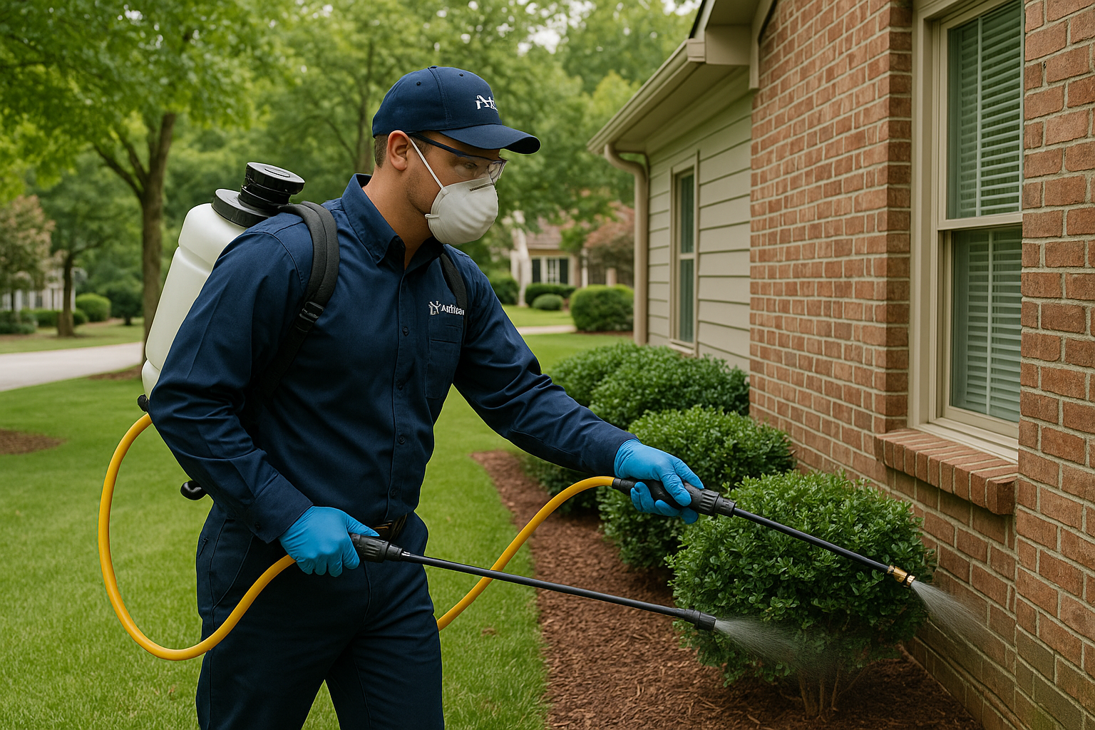 Professional pest technician applying fly treatment in a Marietta home