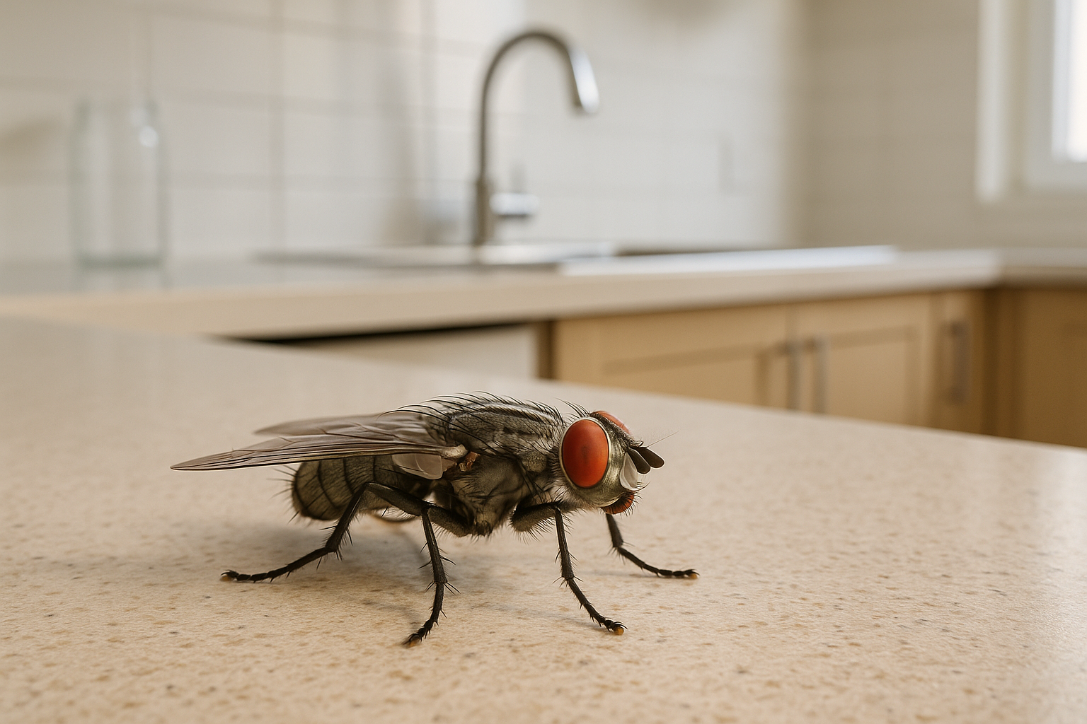 Illustration of fly control methods: spray, bait, and wasps