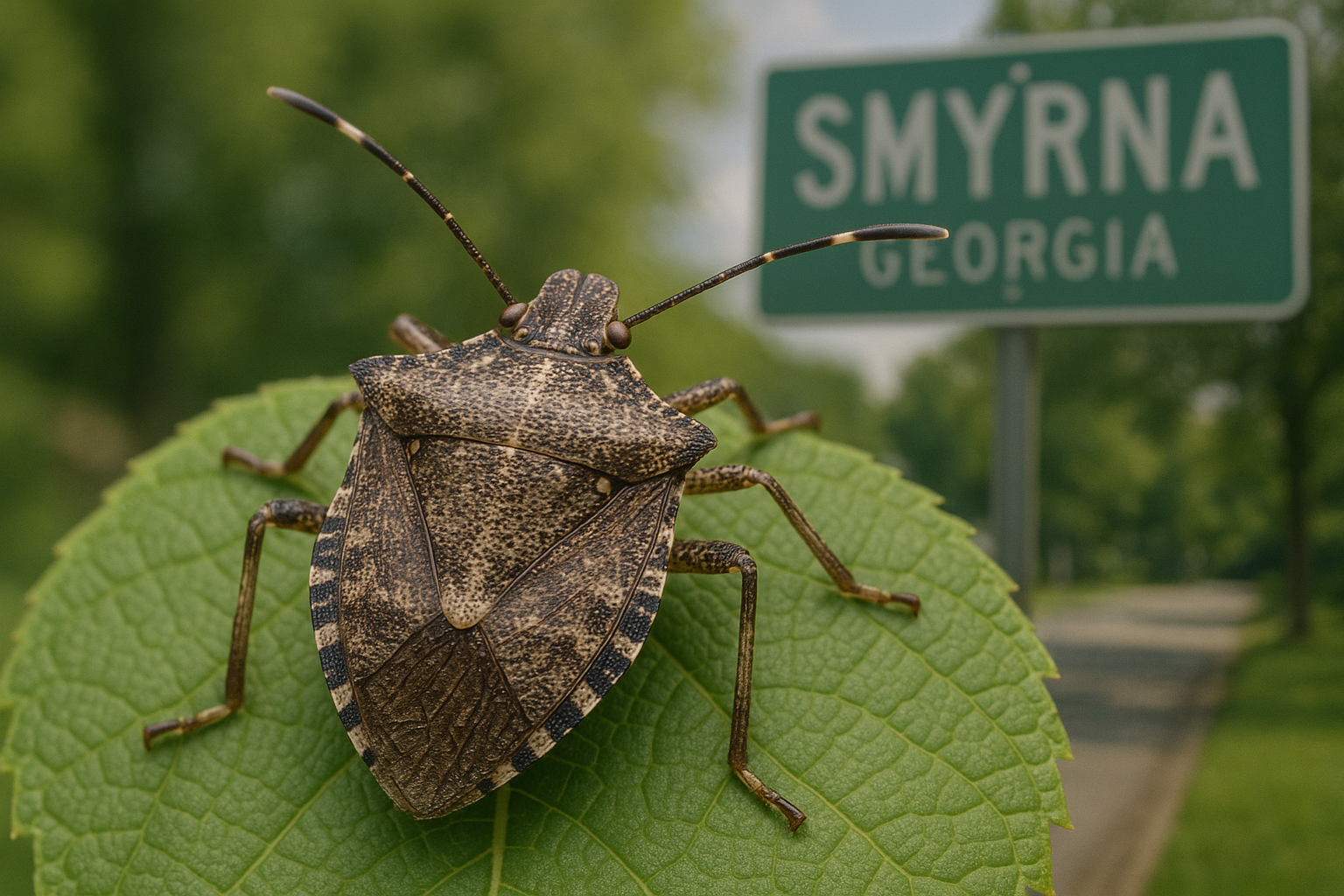 Close‑up macro view of a brown‑marmorated stink bug showing its shield‑shaped back and segmented antennae