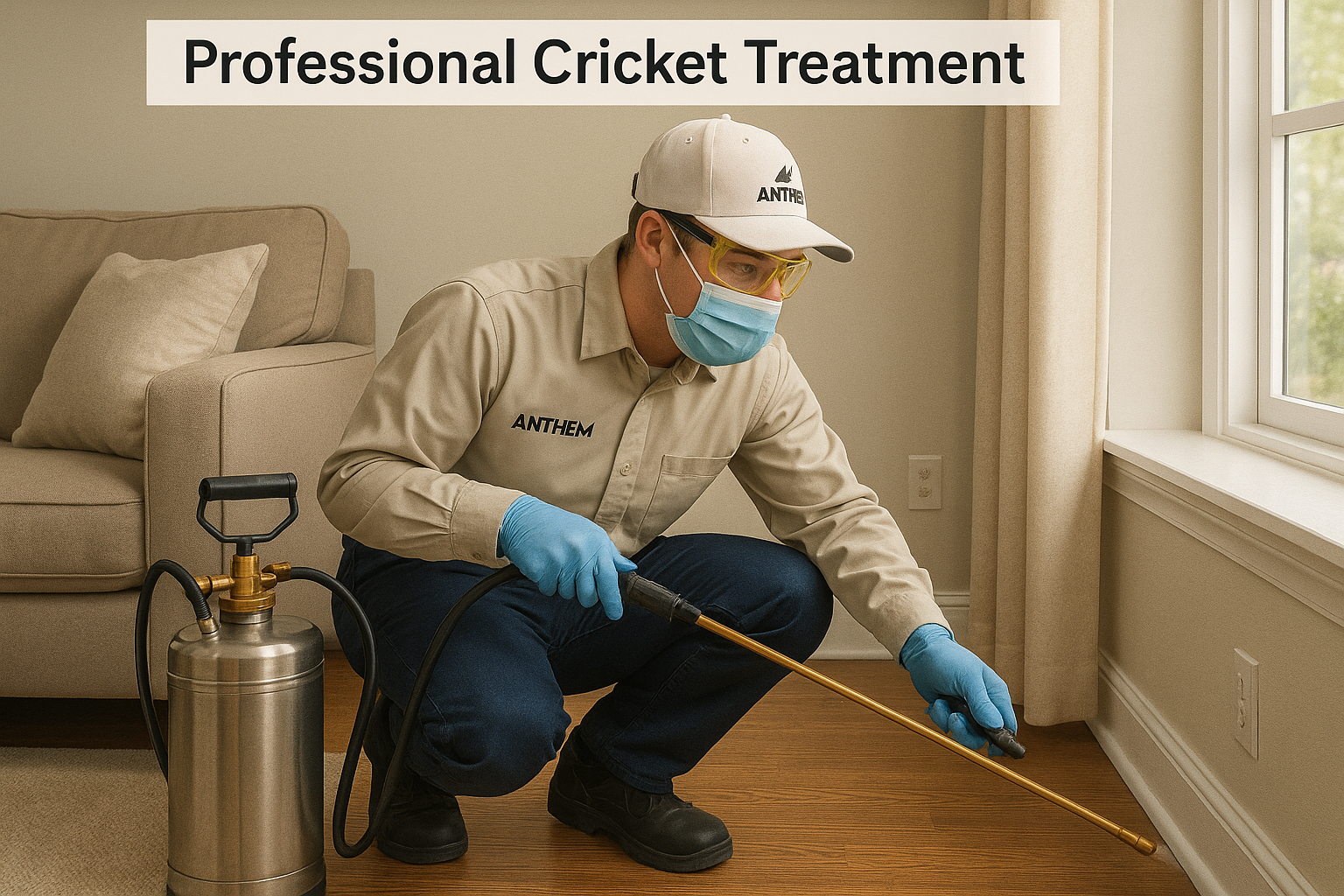 Technician applying perimeter barrier spray around a suburban home