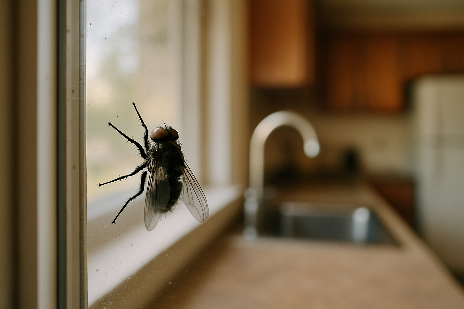 Emergency House Fly Control in Smyrna, Georgia: What to Do Right Now 3 Close‑up of a common house fly on a kitchen surface