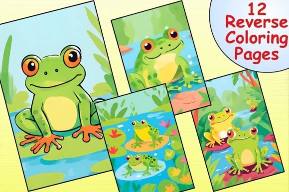 Cartoon frog reverse coloring pages with lily pads and swamp scenery