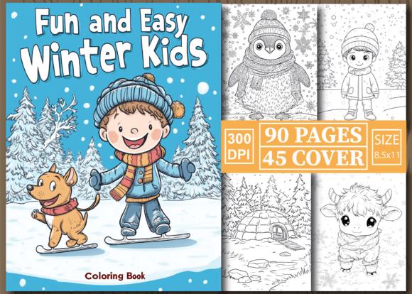 Winter coloring book cover with boy, dog, and snowy scene