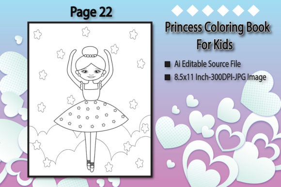 Princess coloring page with stars and clouds