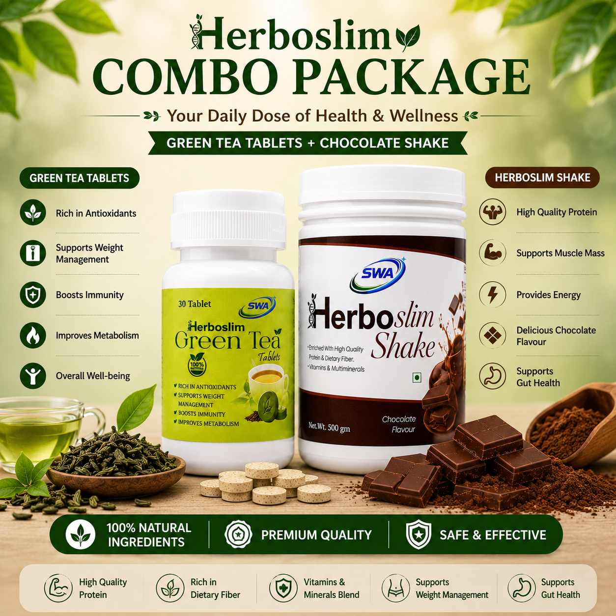 SWA Herboslim Weight Management Combo | Green Tea Tablets (30 Tablets) + Chocolate Flavour Nutrition Shake (500 g)