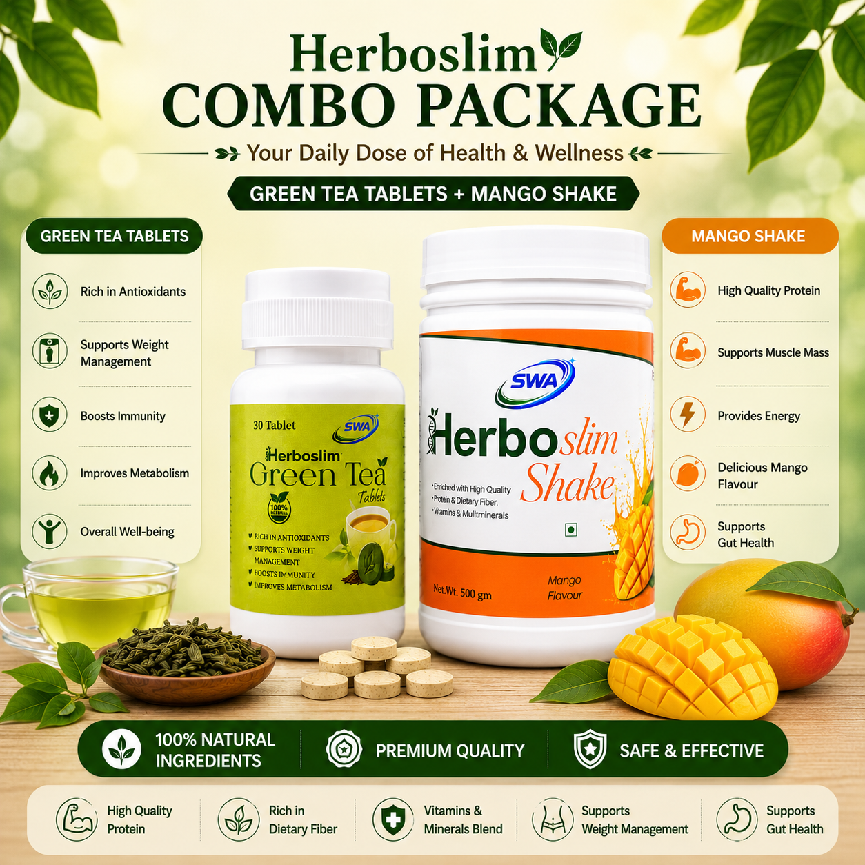 SWA Herboslim Weight Management Combo | Green Tea Tablets (30 Tablets) + Mango Flavour Nutrition Shake (500 g)
