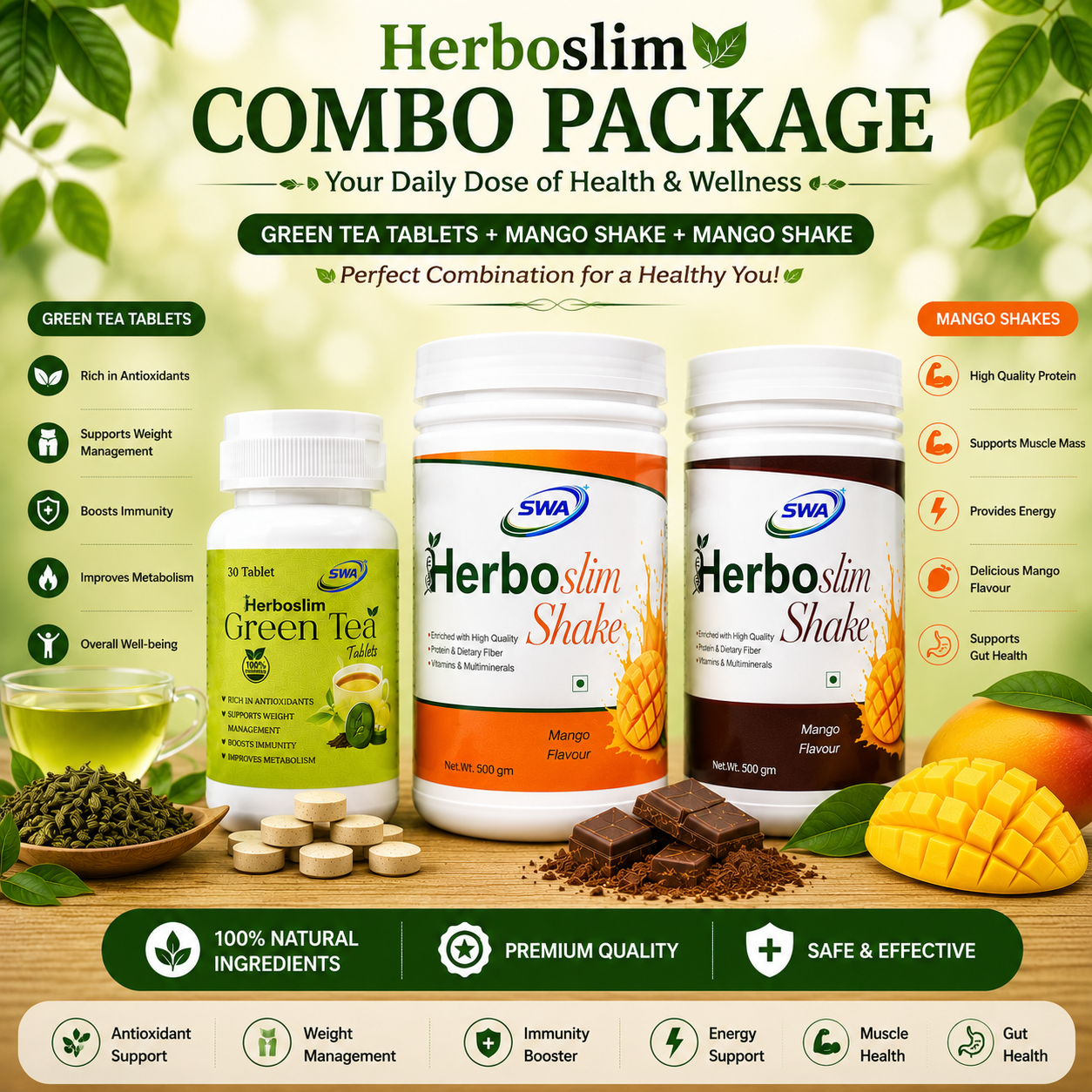 SWA Herboslim Ultimate Weight Management Combo | Green Tea Tablets (30 Tablets) + Chocolate Shake (500 g) + Mango Shake (500 g)