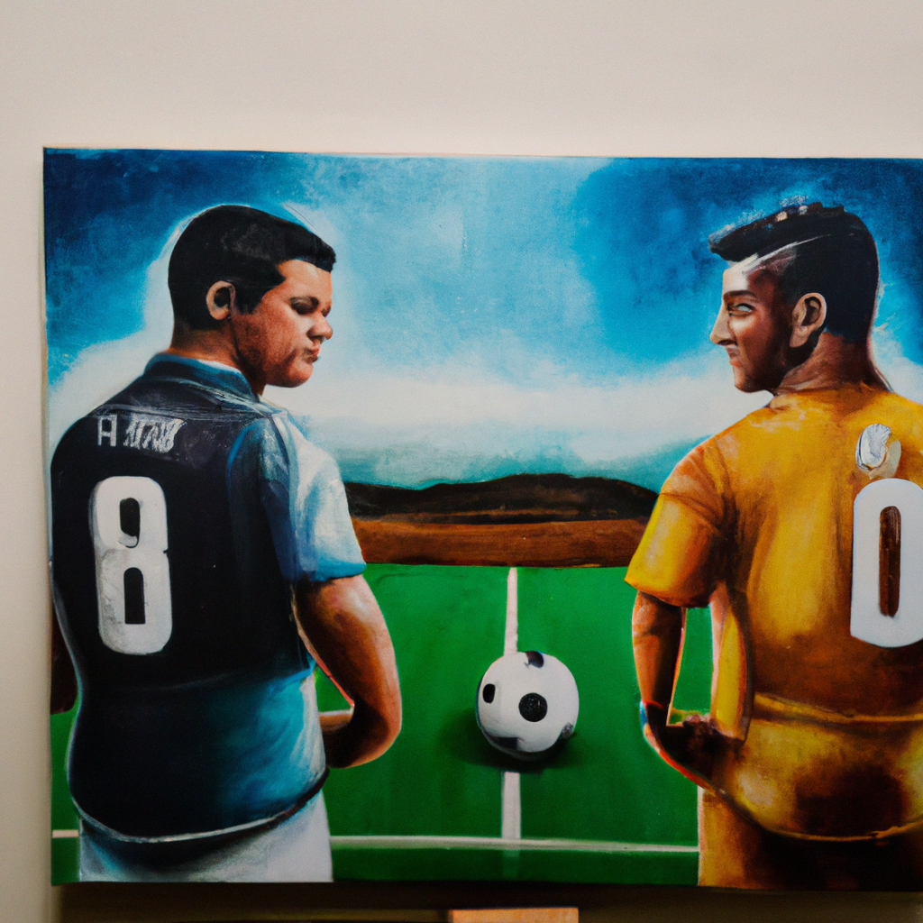 messi vs ronaldo oil painting in an exhibition