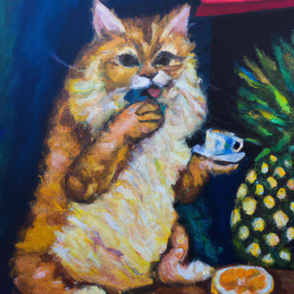 cat eating pineapple and drinking coffee ,oil painting