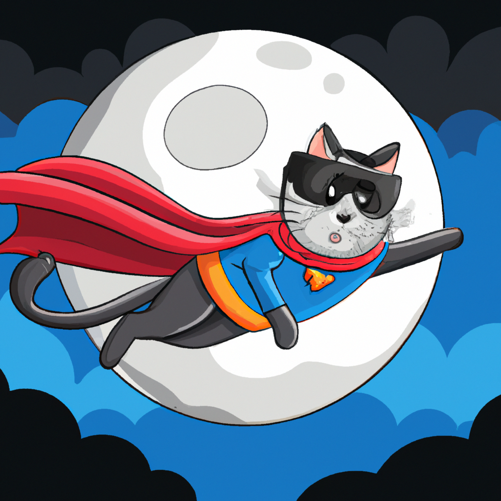 Cat dressed as superman flying around moon