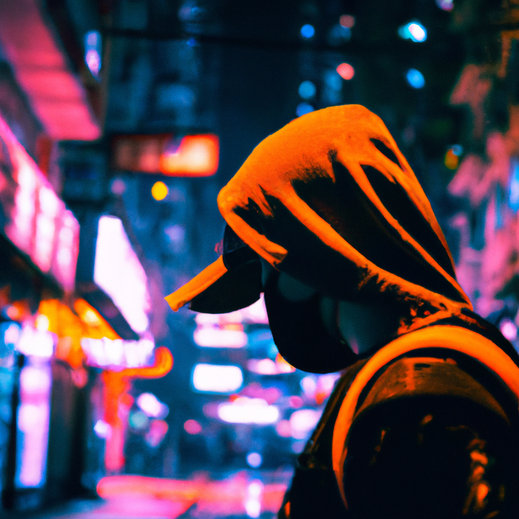 Hong Kong neon lights,cyberpunk,human wearing orange hood hat