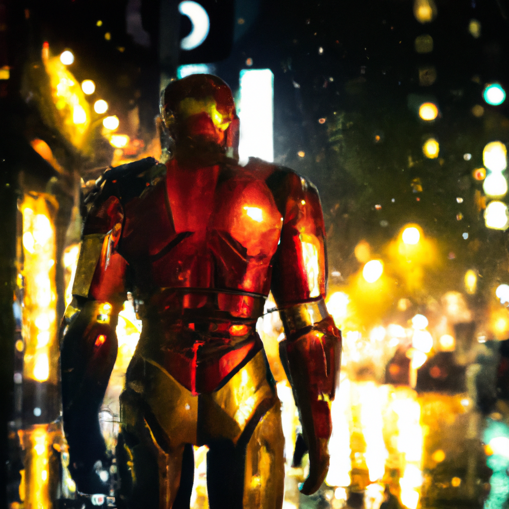 Ironman walks through a cyberpunk city in the rain, illuminated by neon lights as people hurry by. His back is turned to the camera, but his powerful frame and red and gold armor are unmistakable, a symbol of strength and resilience in the face of darkness.