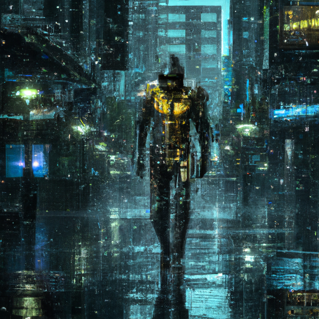 Killmonger strides confidently through a cyberpunk city in the rain, his black armor and gold accents shimmering in the neon lights. With each step, he exudes power and determination, a dangerous force to be reckoned with in this ominous and foreboding scene.