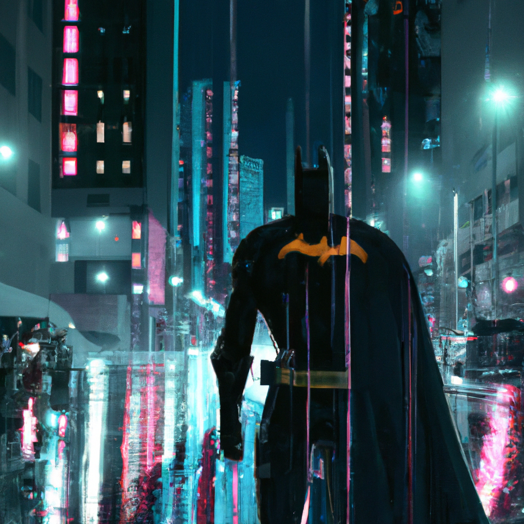 generate a poster of batman moving on a rainy weather on cyberpunk street, neon lights all the way in the night, half back pose of batman is visible