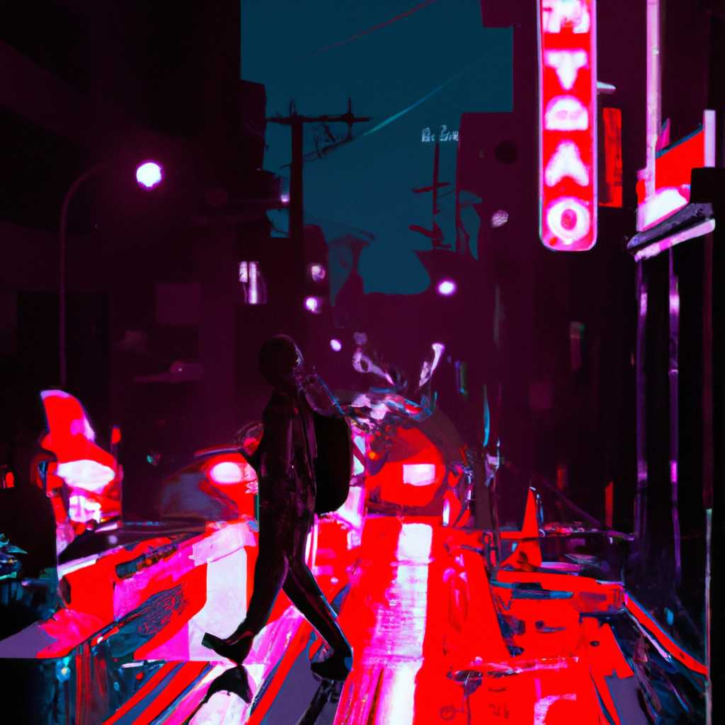generate a poster of an American guy crossing the road with an umbrella in the rainy season , city has neon red lights like asylum