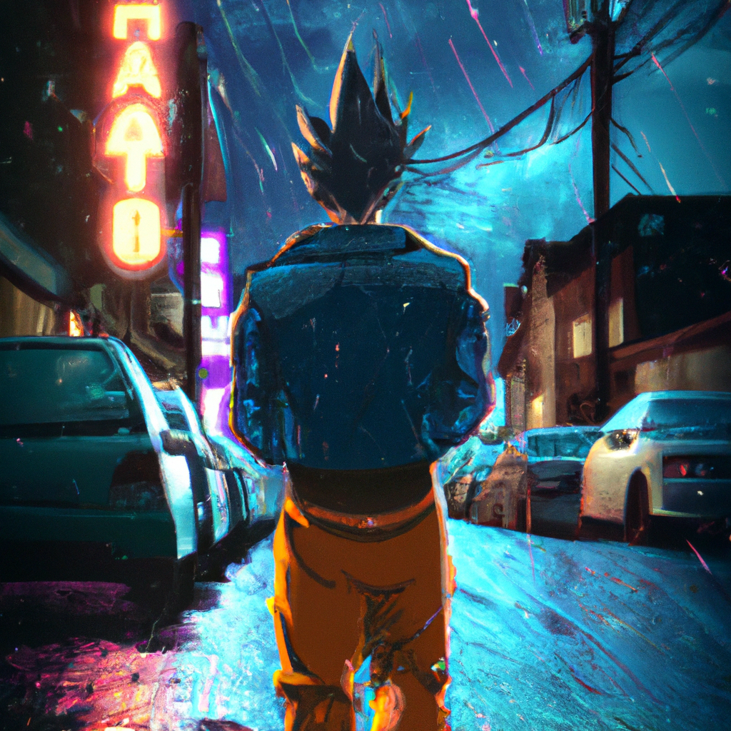 coloured hyper realistic poster of Goku walking on the cyberpunk street , back view of Goku , neon lights on the street with rain