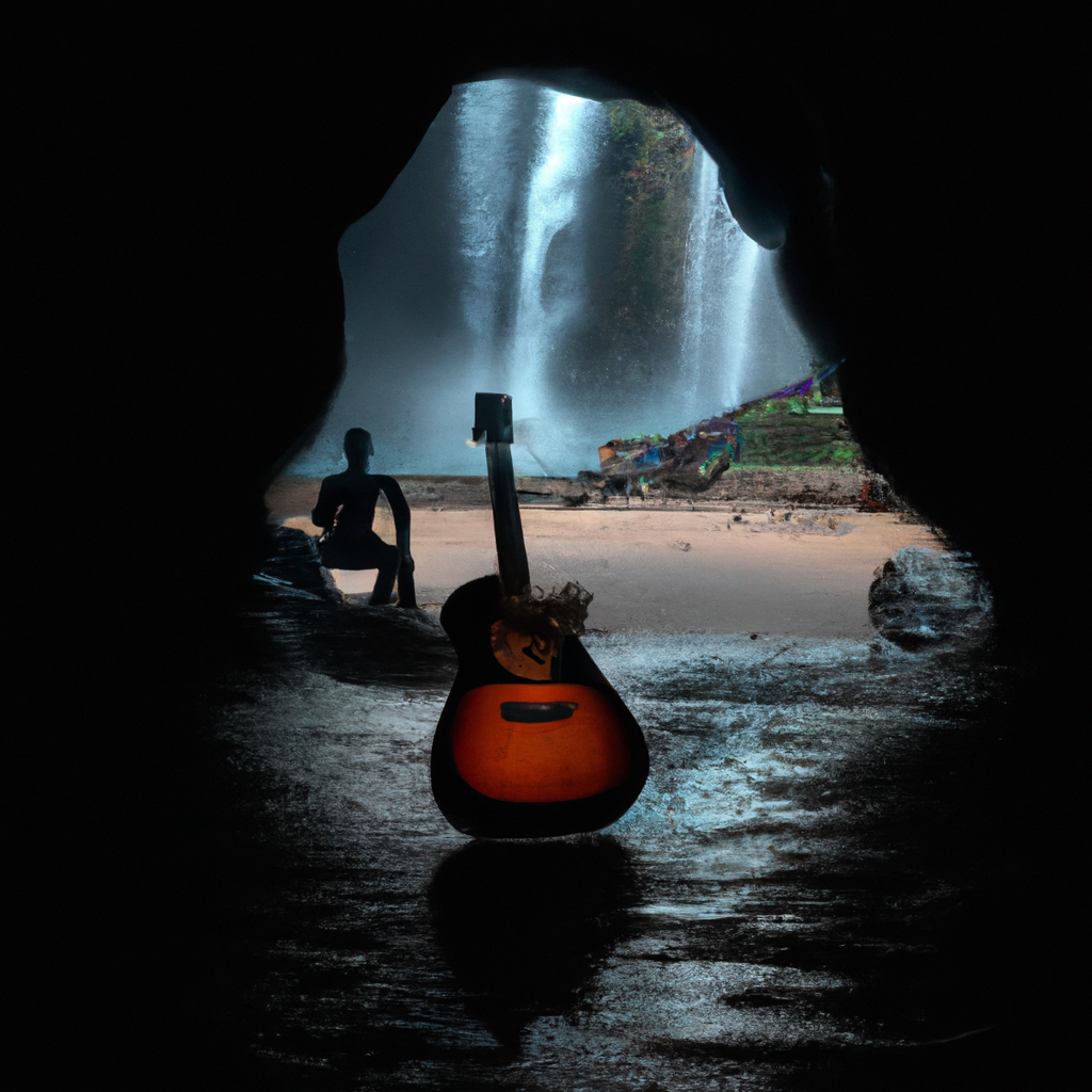 A guitar shining in a dark cave at the back there is a guy who is watching waterfall through the cave