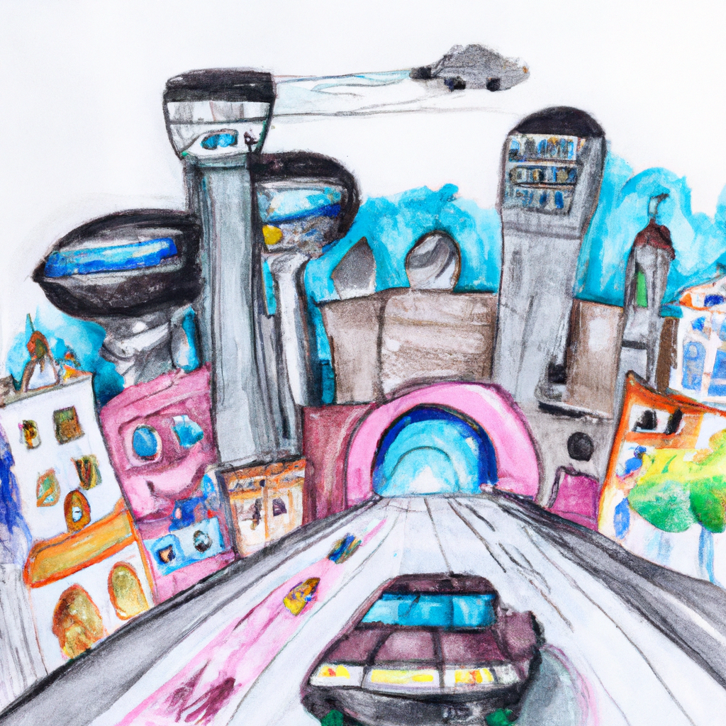 a pencil and watercolor drawing of a bright city in the future with flying cars