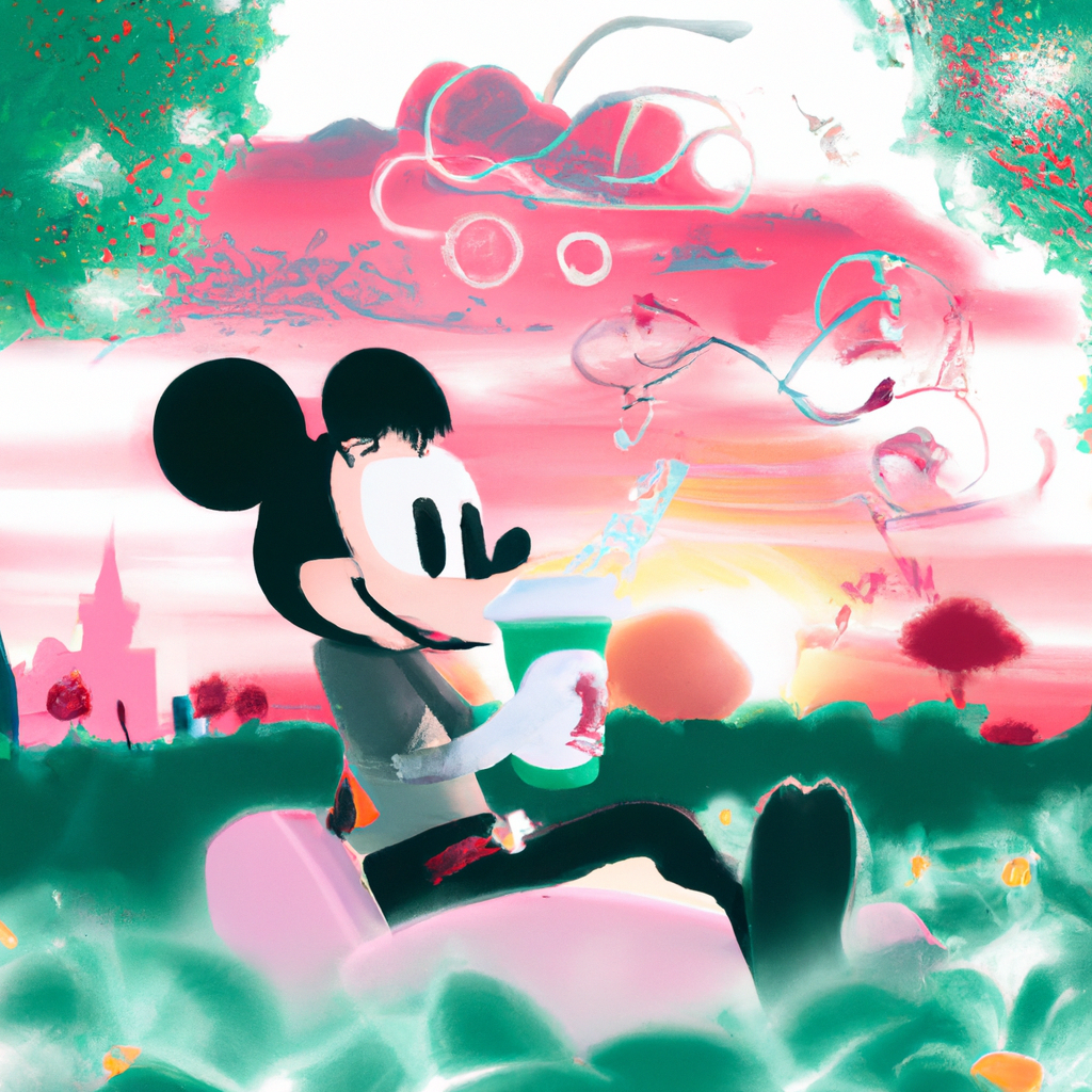 mickey mouse playing in the garden and also he is drinking star bucks coffee , the sky is light pink , cartoonish image colors