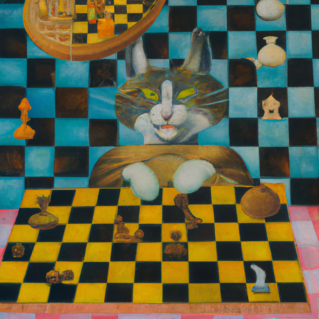 a surrealist dream-like oil painting by Salvador Dalí of a cat playing checkers