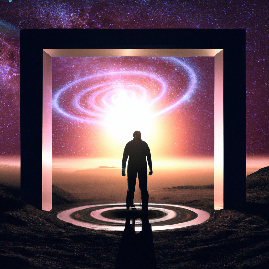A man standing in front of a stargate to another dimension