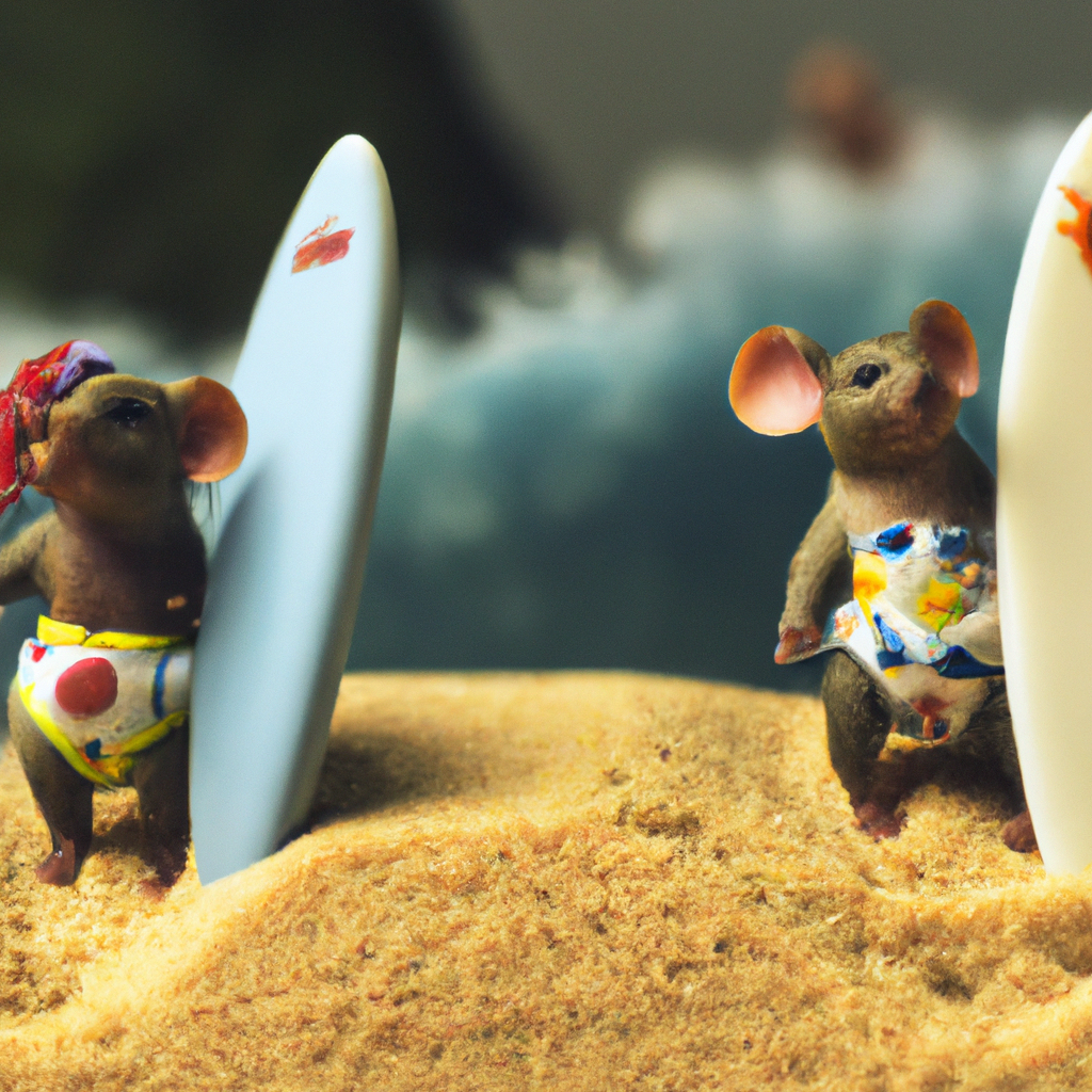 a macro 35mm photograph of two mice in Hawaii, they're each wearing tiny swimsuits and are carrying tiny surf boards, digital art