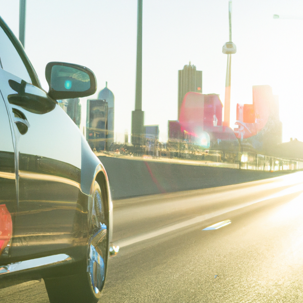 A modern, sleek Cadillac drives along the Gardiner expressway with downtown Toronto in the background, with a lens flare, 50mm photography