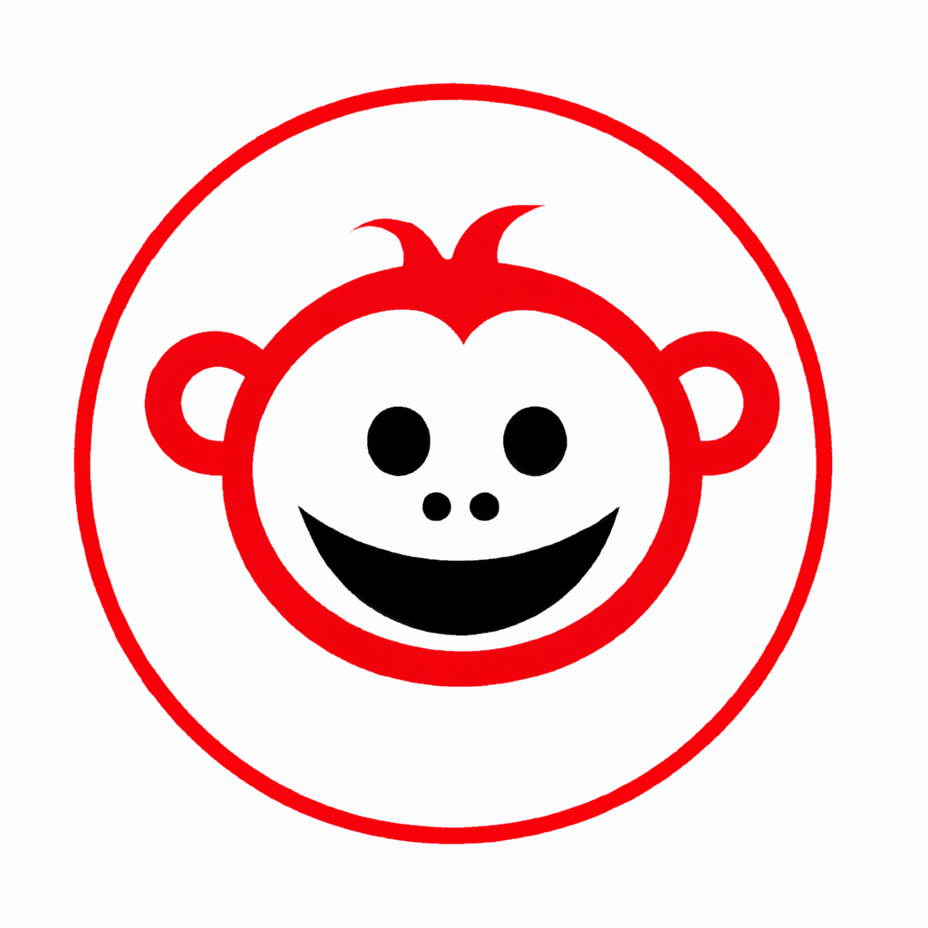Generate an Icon of a cute monkey smiling , the primary color is red, the style of icon is metallic, the shape of border is circle