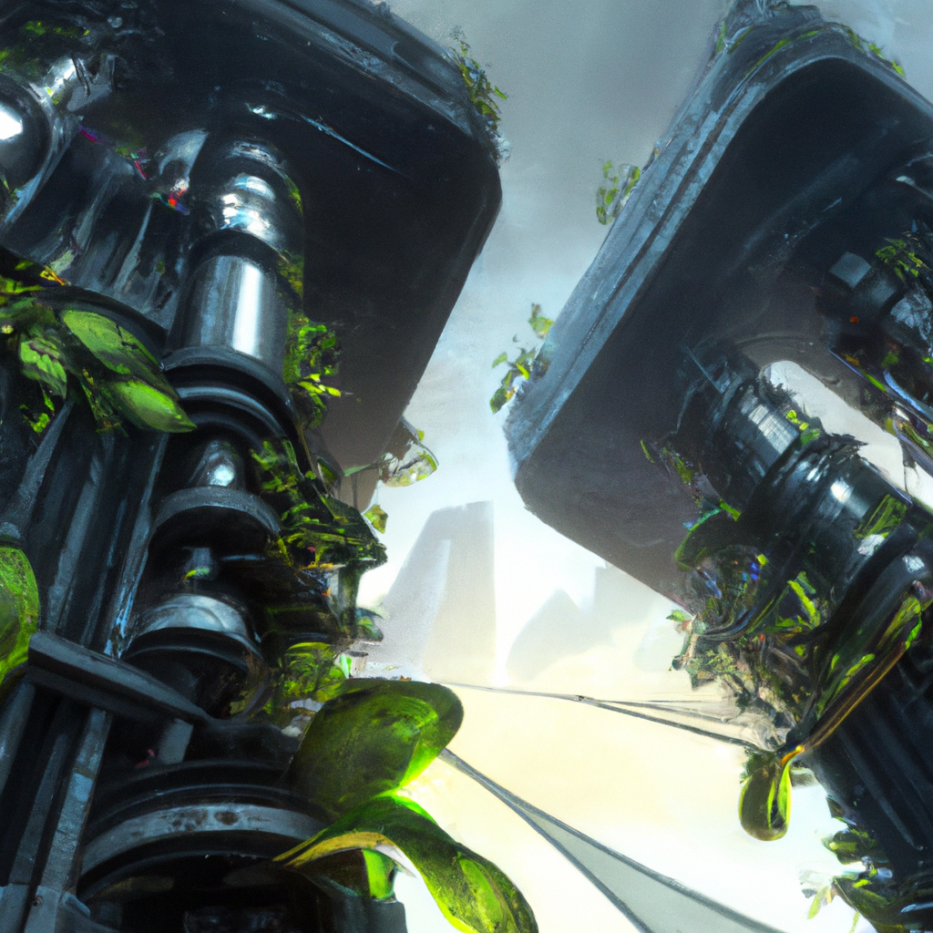 Two futuristic towers with a skybridge covered in lush foliage, digital art
