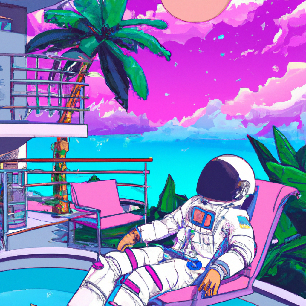 an astronaut lounging in a tropical resort in space, vaporwave