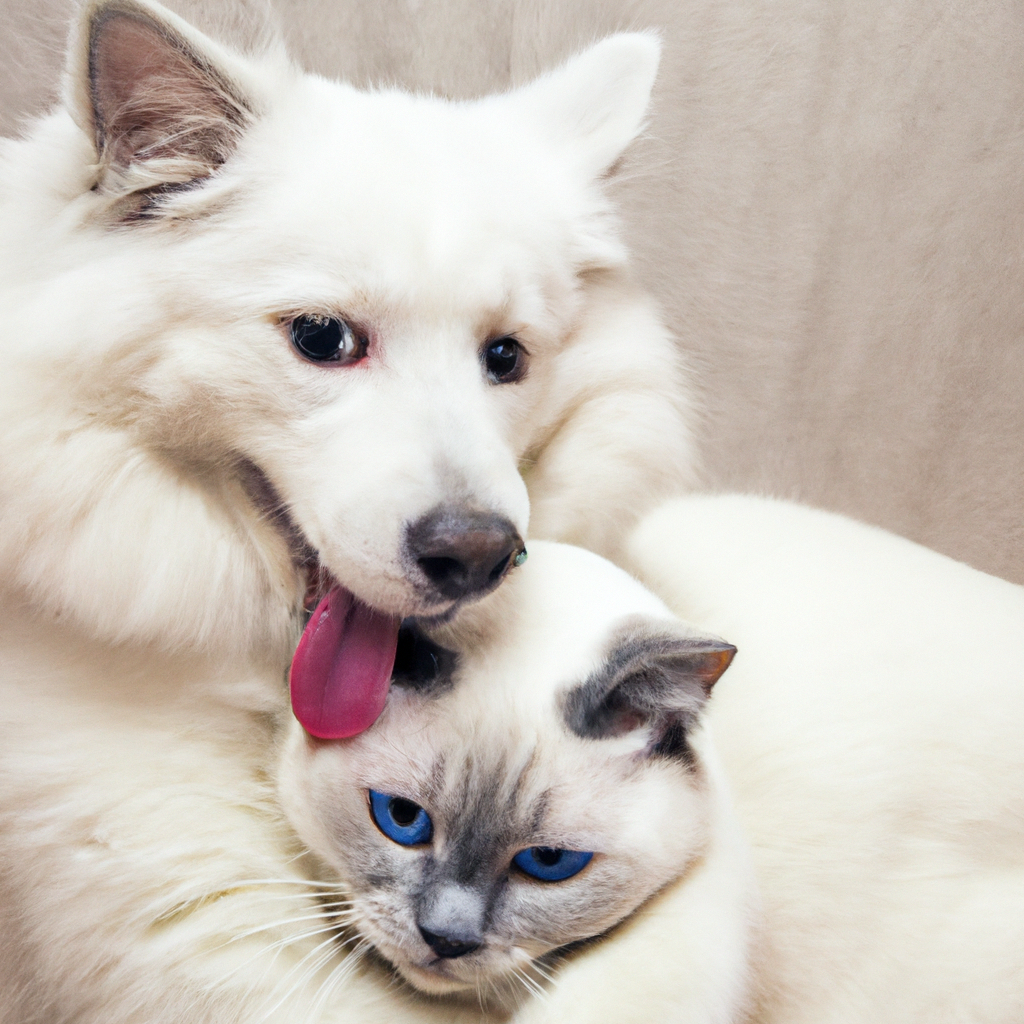A photo of a Samoyed dog with its tongue out hugging a white Siamese cat