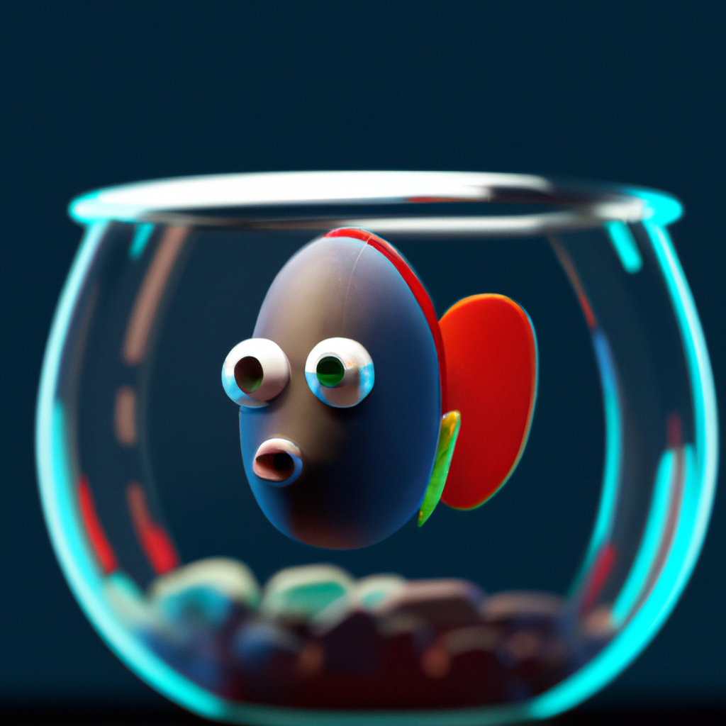 3D render of a cute tropical fish in an aquarium on a dark blue background, digital art