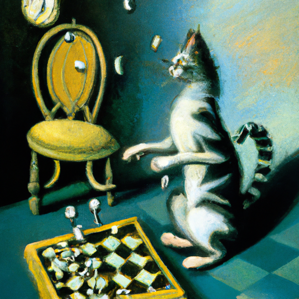 a surrealist dream-like oil painting by Salvador Dalí of a cat playing checkers