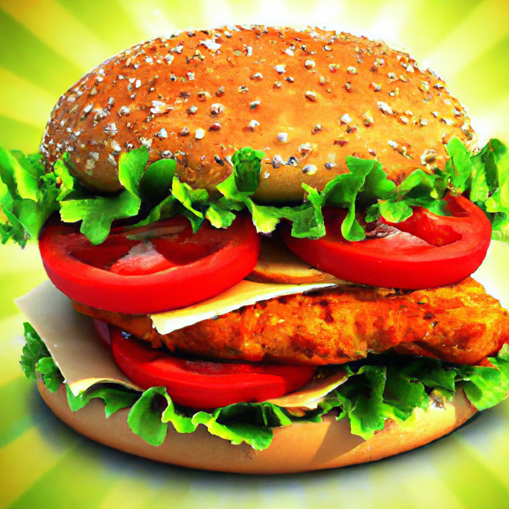 An incredibly alluring wallpaper featuring a 3D representation of a succulent chicken burger. The image showcases a perfectly grilled and seasoned chicken patty with crisp lettuce, juicy tomatoes, and melted cheese, all sandwiched between fluffy sesame seed buns. This visually stunning depiction, whether through a digital painting or an immaculate photograph, exhibits extraordinary attention to detail. The vibrant colors of the ingredients add depth and realism to this tantalizing burger, making it almost seem good enough to eat. The meticulous lighting and composition highlight the mouthwatering textures of the burger, while a subtle touch of steam rising from the patty conveys an irresistible freshness. This exceptional wallpaper is bound to captivate and entice anyone who gazes upon it.
