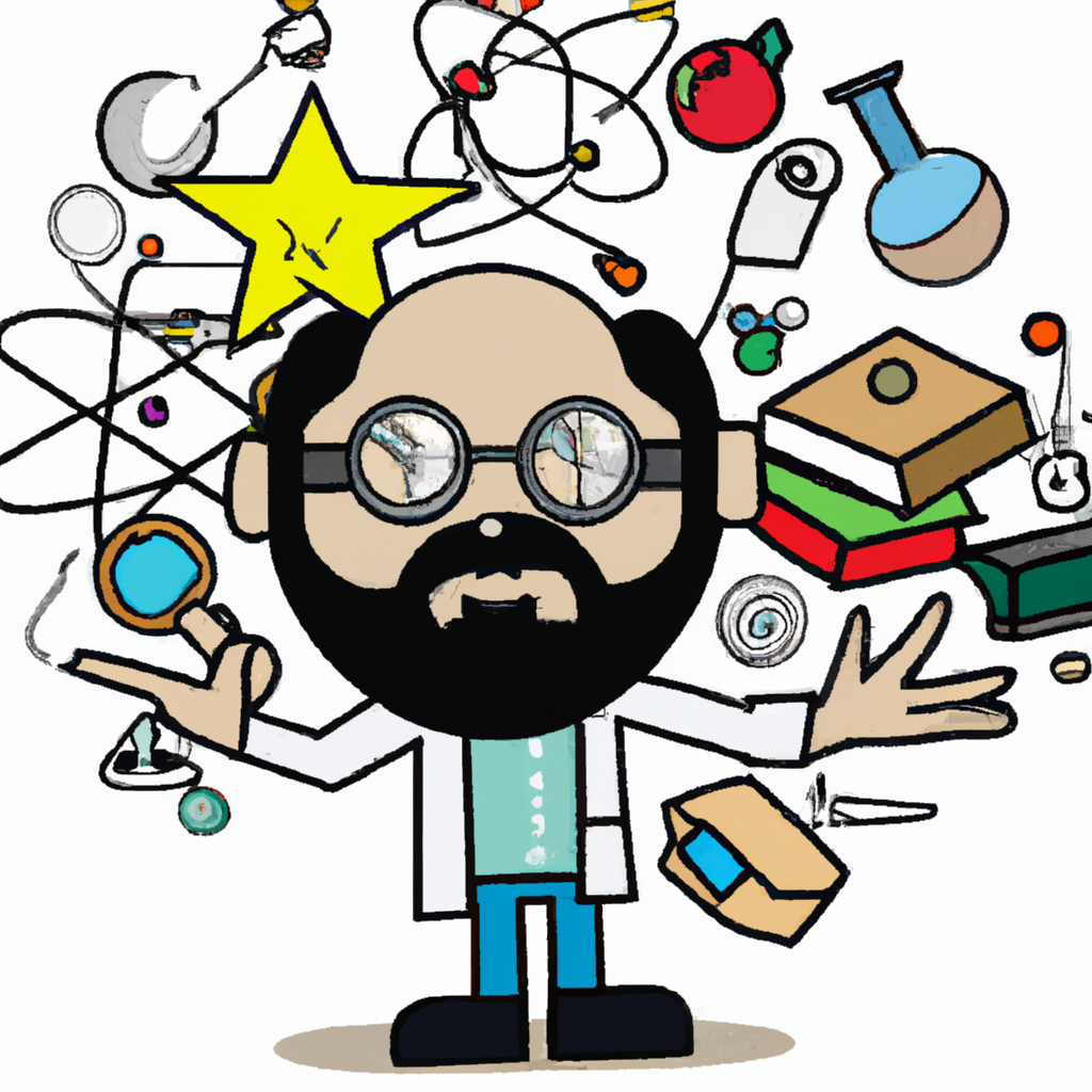Una caricatura de un científico loco con gafas y bata, como un Ainstein hipster