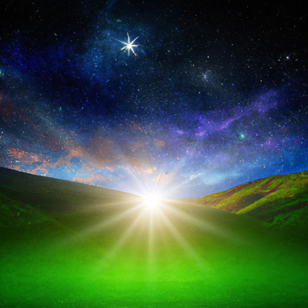 Bright sun rays green valley and dark sky with stars a boy of 18 Indian standing on crest