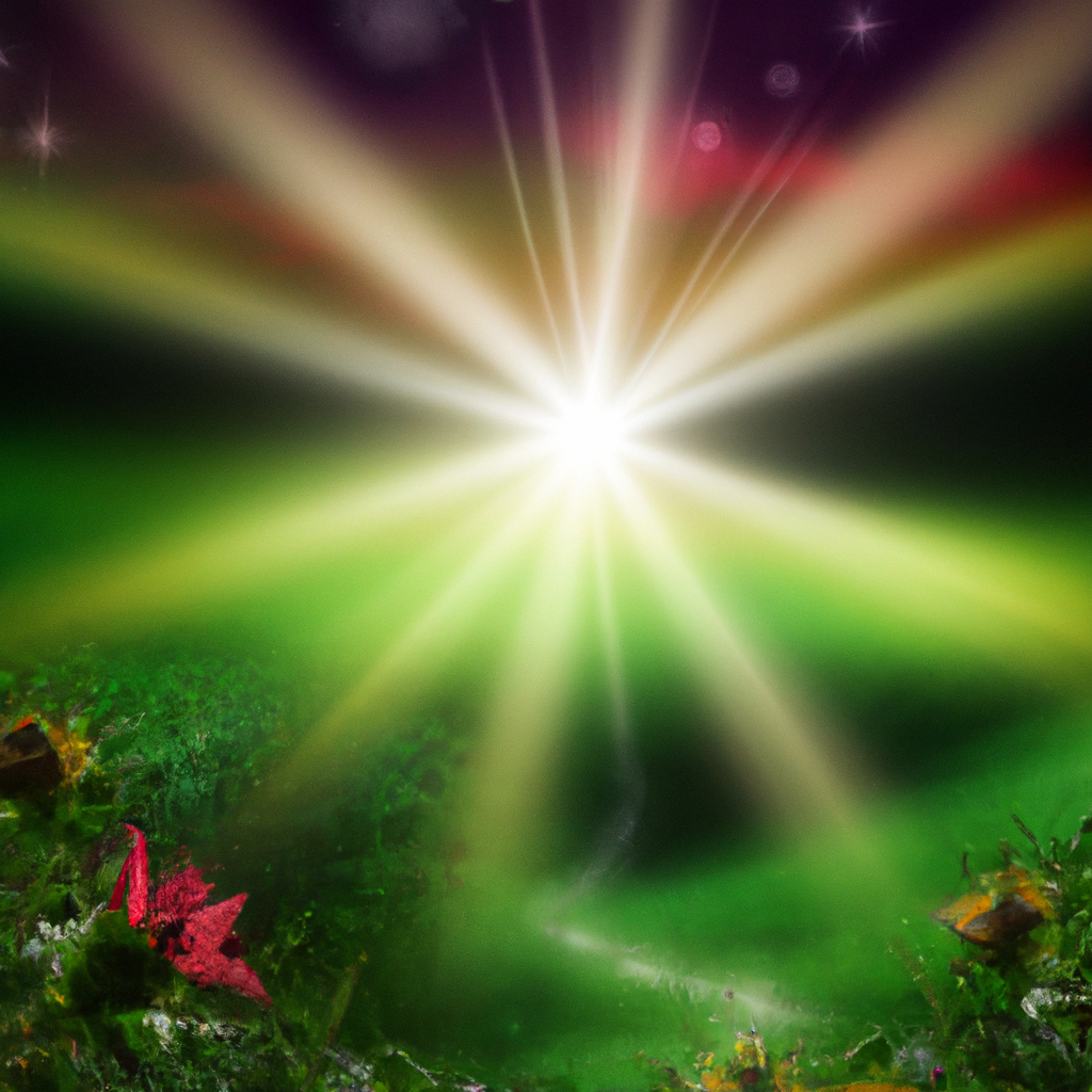 Bright sun rays in dark sky with stars, agreen valley wit thorns and flowers in path