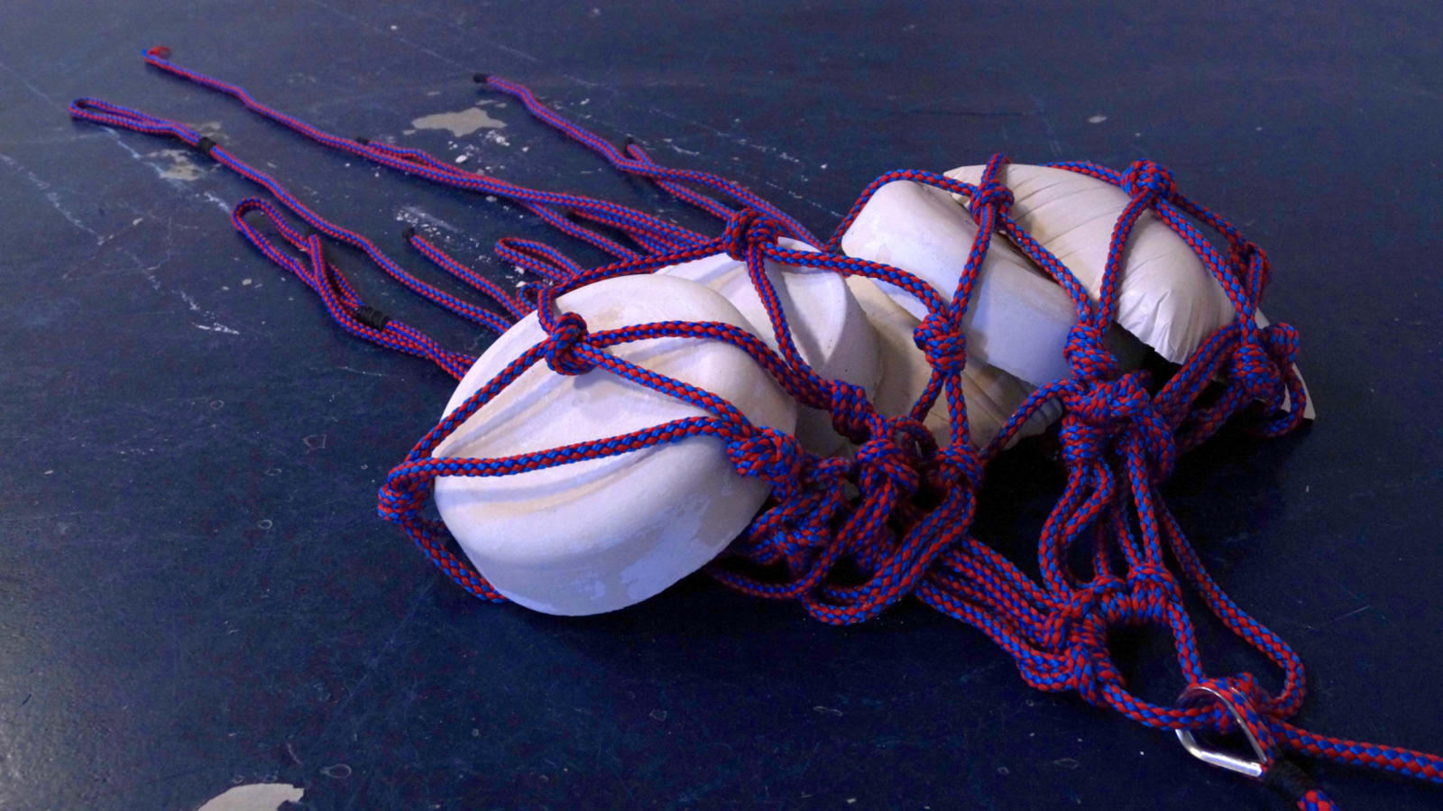 captured - five white plaster objets are locked into a red and blue net in Parc Saint Leger - plaster, red and blue rope - paul lahana