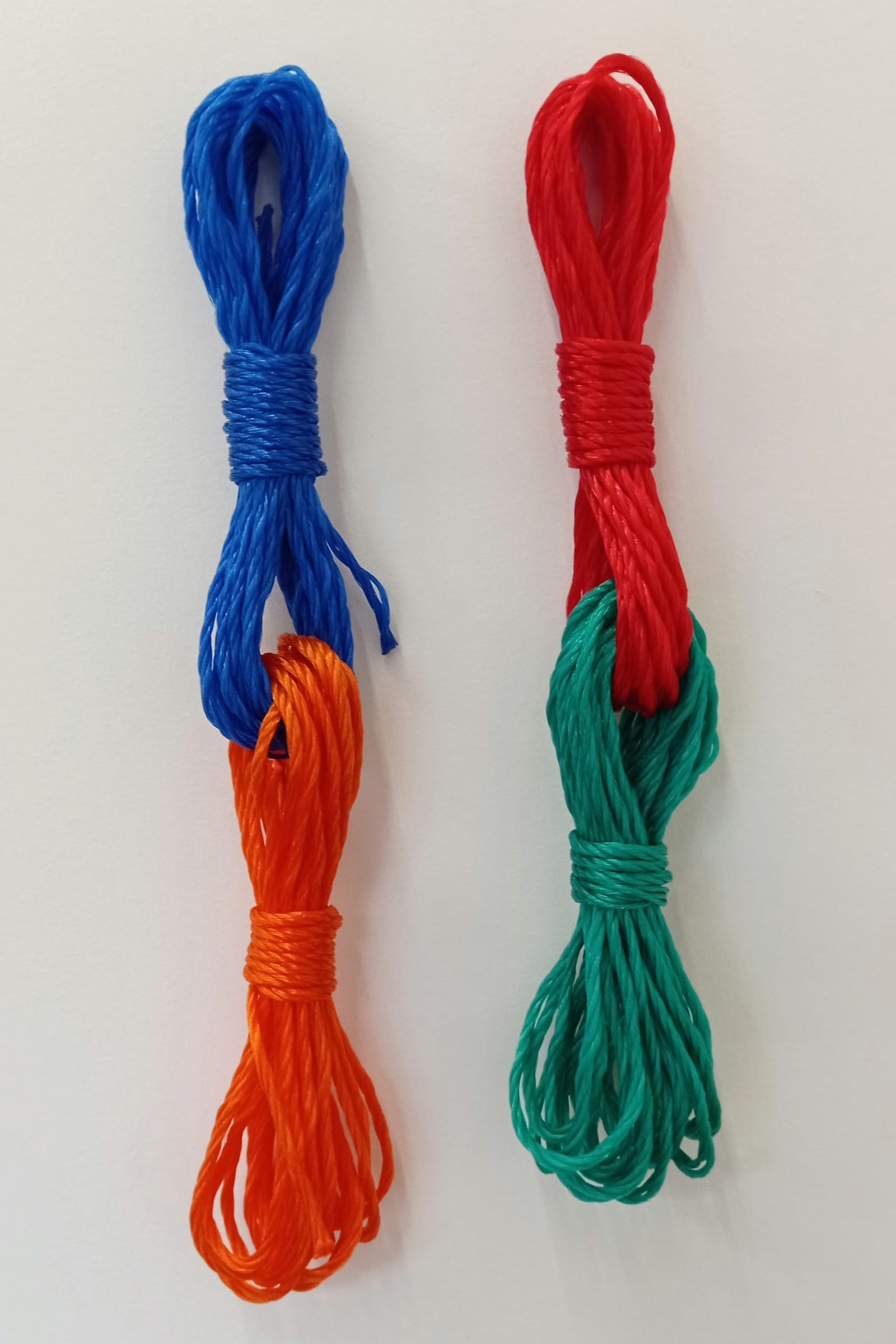 twins of twins - a blue rope is attached to an orange one, a red rope is attached to a green one, the blue one and the red one are attached to the white wall - four (4) polyester ropes (blue, orange, red and green) - paul lahana