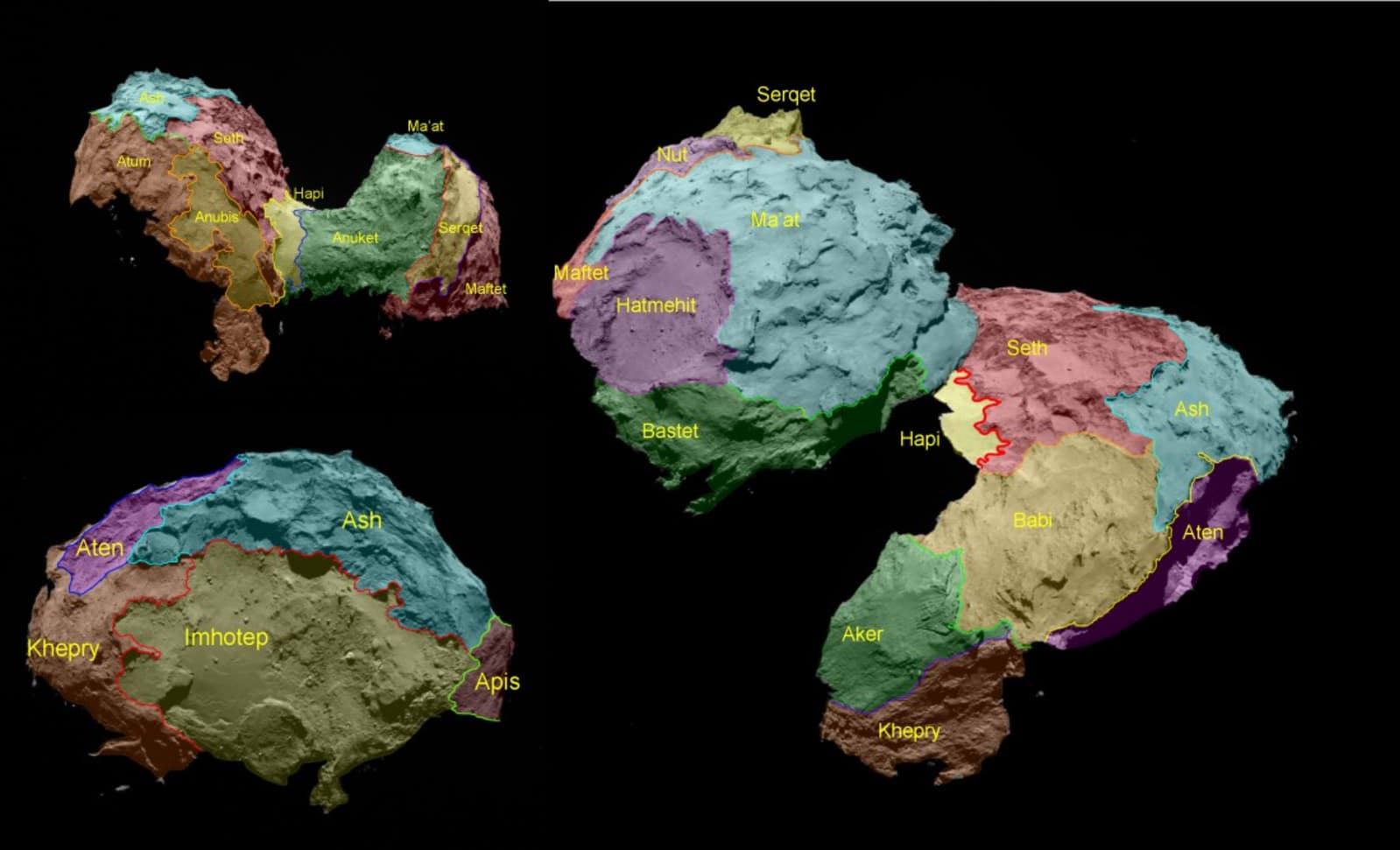 face location - the different sides of 67P/TG are colored to show it's different regions named after egyptian gods - egyptian gods, meteor, colors - paul lahana