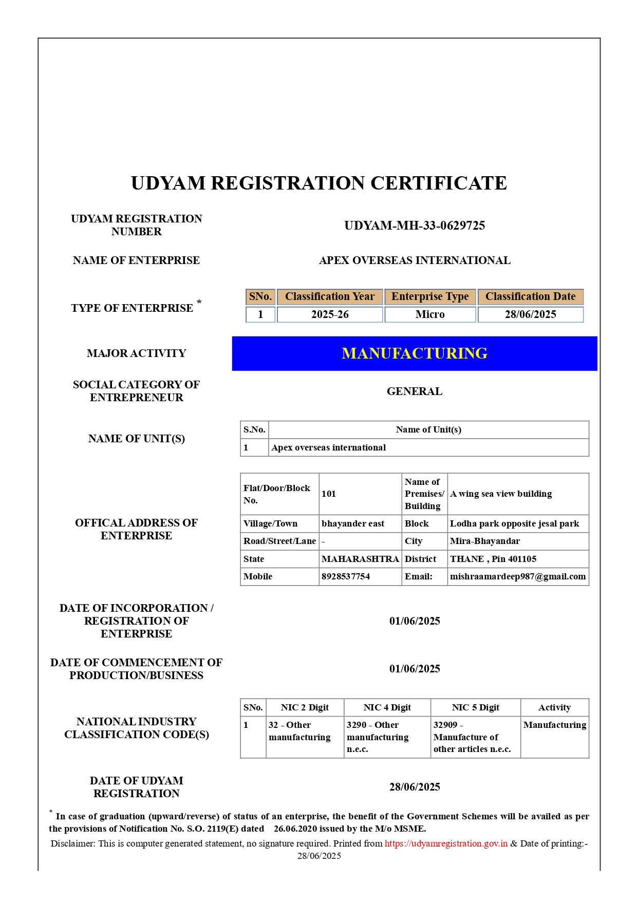 MSME Certificate Image