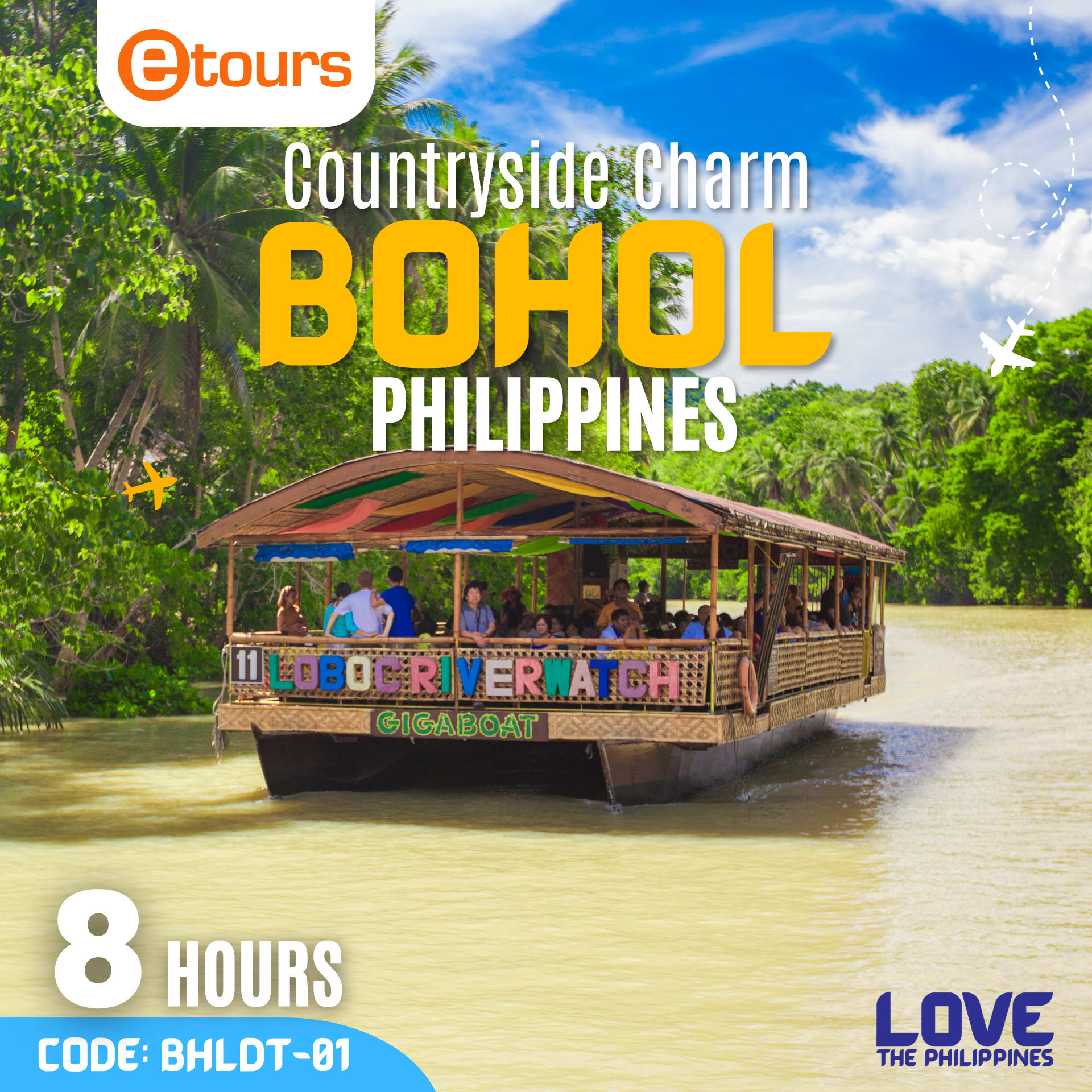 A traditional Filipino boat cruising along the serene Loboc River, surrounded by lush greenery and breathtaking scenery. 